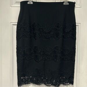 Escada Couture Virgin Wool Midi Pencil Skirt Black Scalloped Floral Hem, Size 42